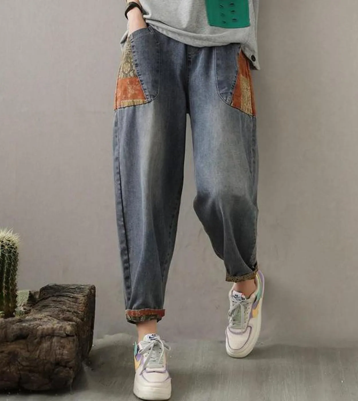 2022 primavera estate nuove arti stile donna elastico in vita pantaloni Harem in denim di cotone casual design tascabile patchwo
