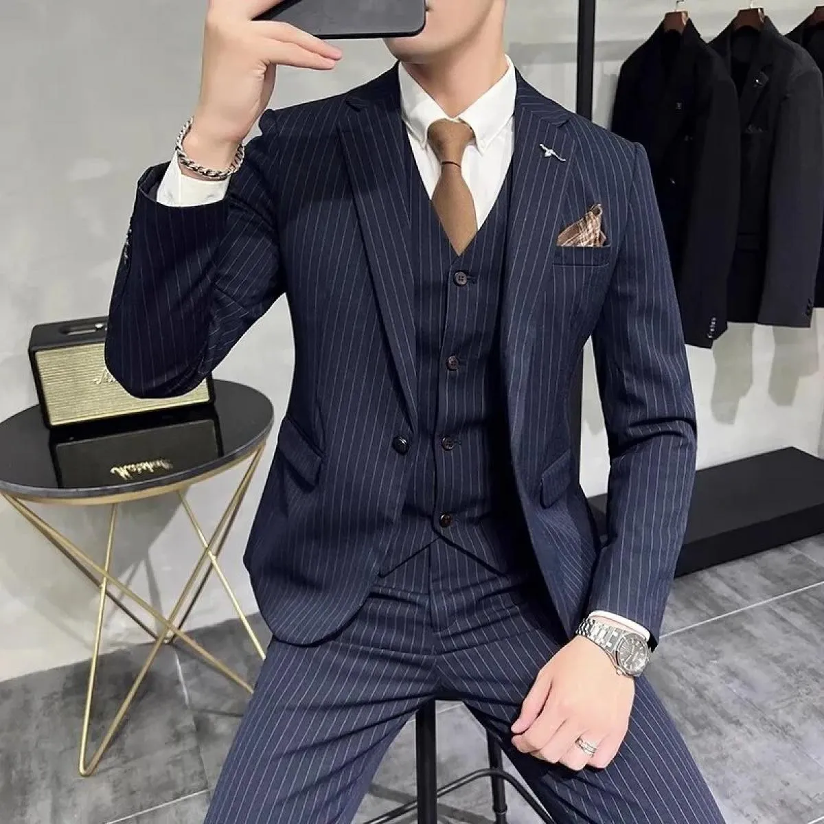 2023 moda nuovi uomini casual boutique business a righe slim fit abito da sposa vestito cappotto set maschile 3 pezzi blazer gia