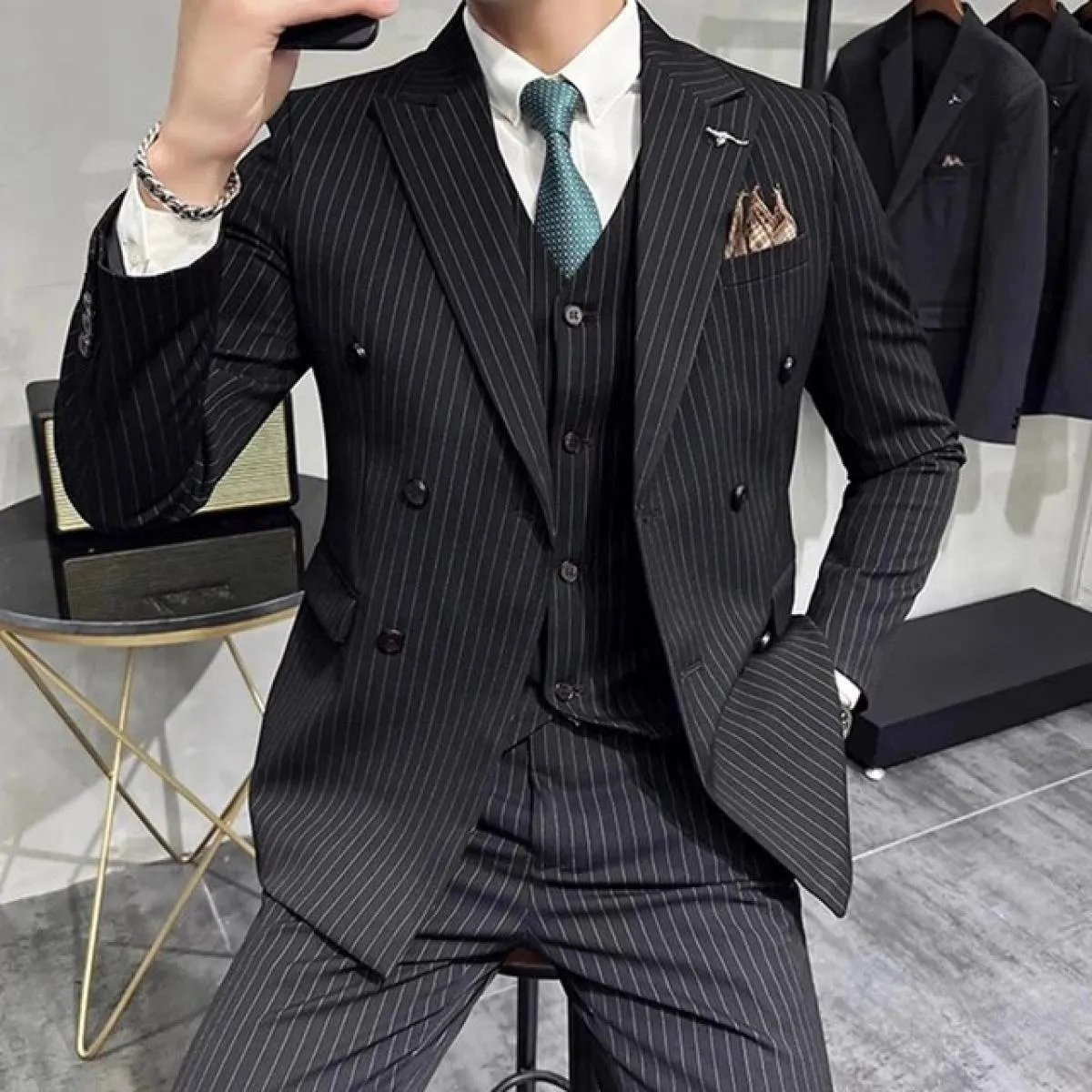 2023 moda nuovi uomini casual boutique business a righe slim fit abito da sposa vestito cappotto set maschile 3 pezzi blazer gia