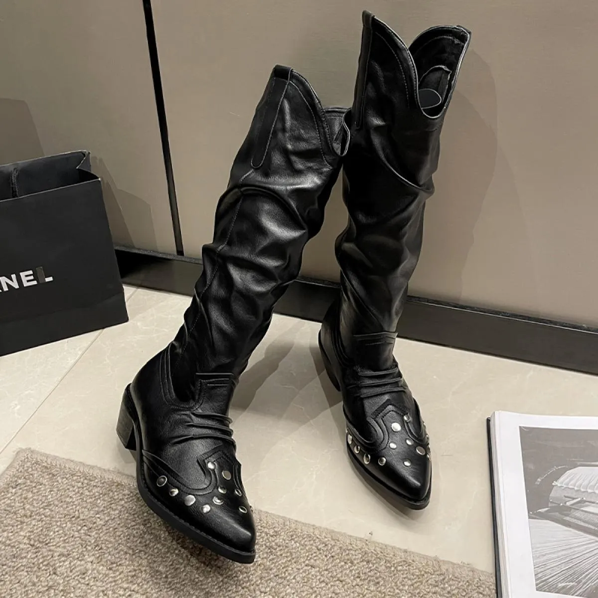 2023 Nuova Tendenza Chelsea Stivali Donna Tacco Medio Al Ginocchio Scarpe Alta Moda Inverno Casual Pompe Stivali da Moto Goth Mu