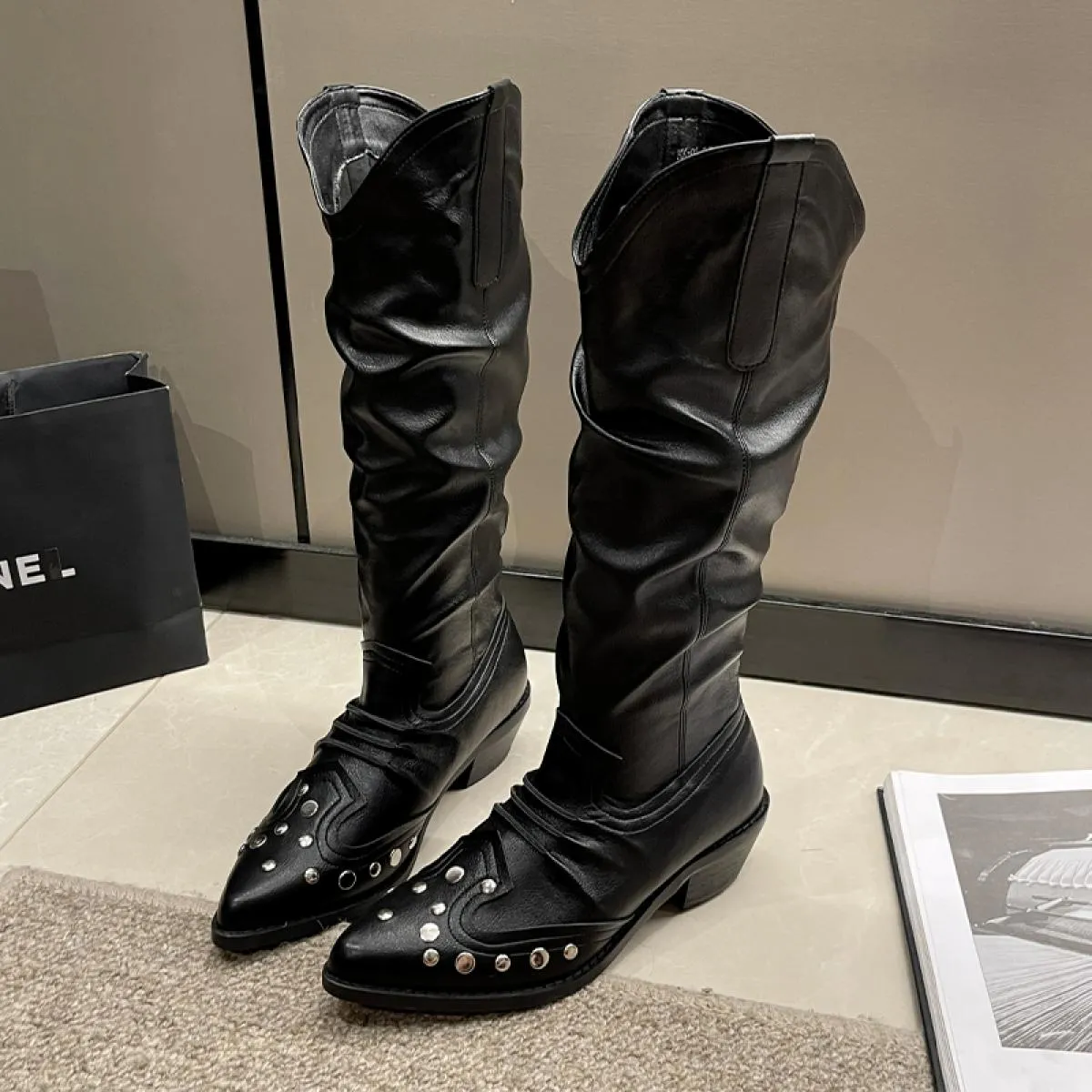 2023 Nuova Tendenza Chelsea Stivali Donna Tacco Medio Al Ginocchio Scarpe Alta Moda Inverno Casual Pompe Stivali da Moto Goth Mu