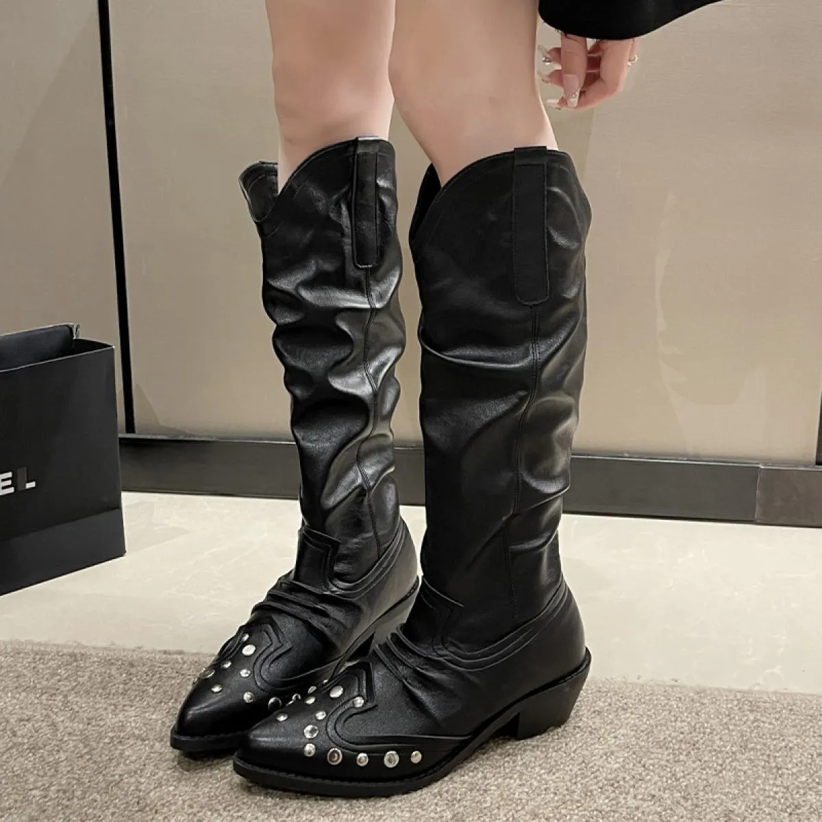 2023 Nuova Tendenza Chelsea Stivali Donna Tacco Medio Al Ginocchio Scarpe Alta Moda Inverno Casual Pompe Stivali da Moto Goth Mu