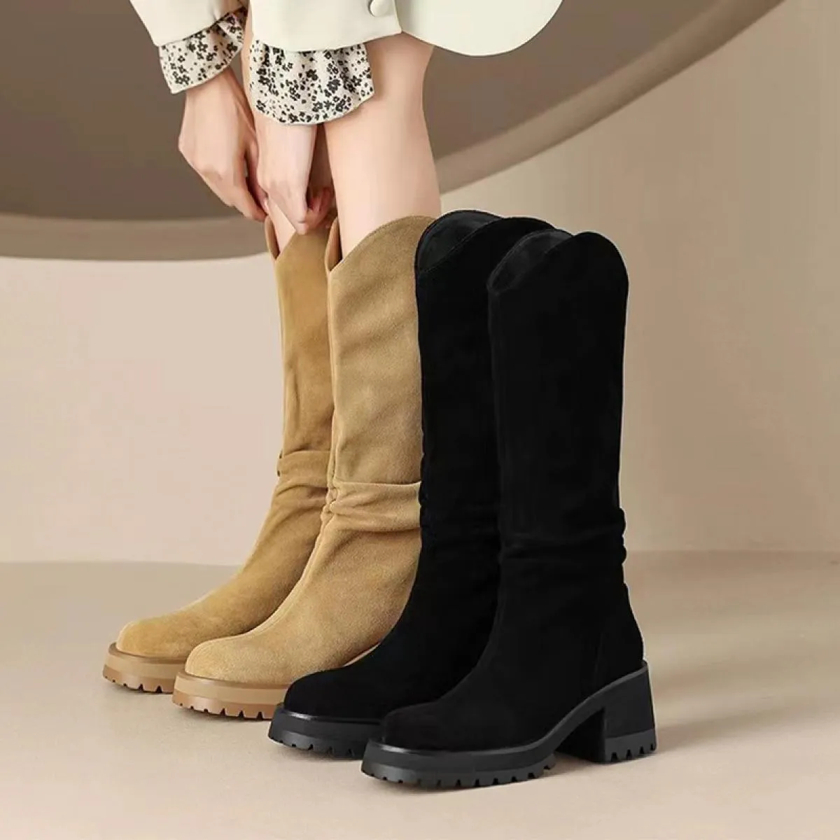 2023 nuovi stivali da moto da donna alti al ginocchio stivali Chelsea invernali in pelle scamosciata da neve punta tonda scarpe