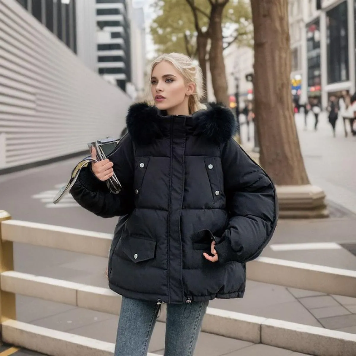 2023 Parka invernale con cappuccio da donna con collo in pelliccia grande giacca da donna con cerniera allentata piumino addensa