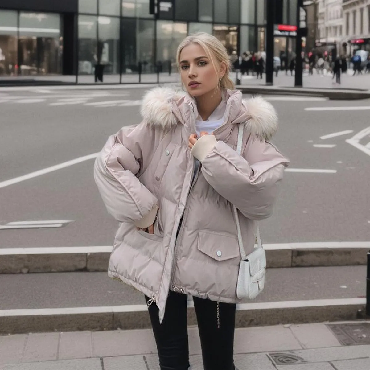 2023 Parka invernale con cappuccio da donna con collo in pelliccia grande giacca da donna con cerniera allentata piumino addensa