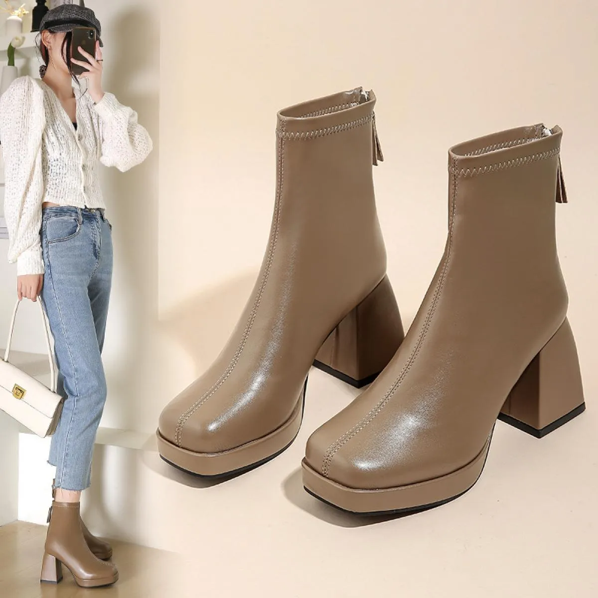 2023 Stivaletti da donna neri Stivali da donna in pelle Pu da donna a tubo corto Stivali con cerniera da donna Scarpe moda da do