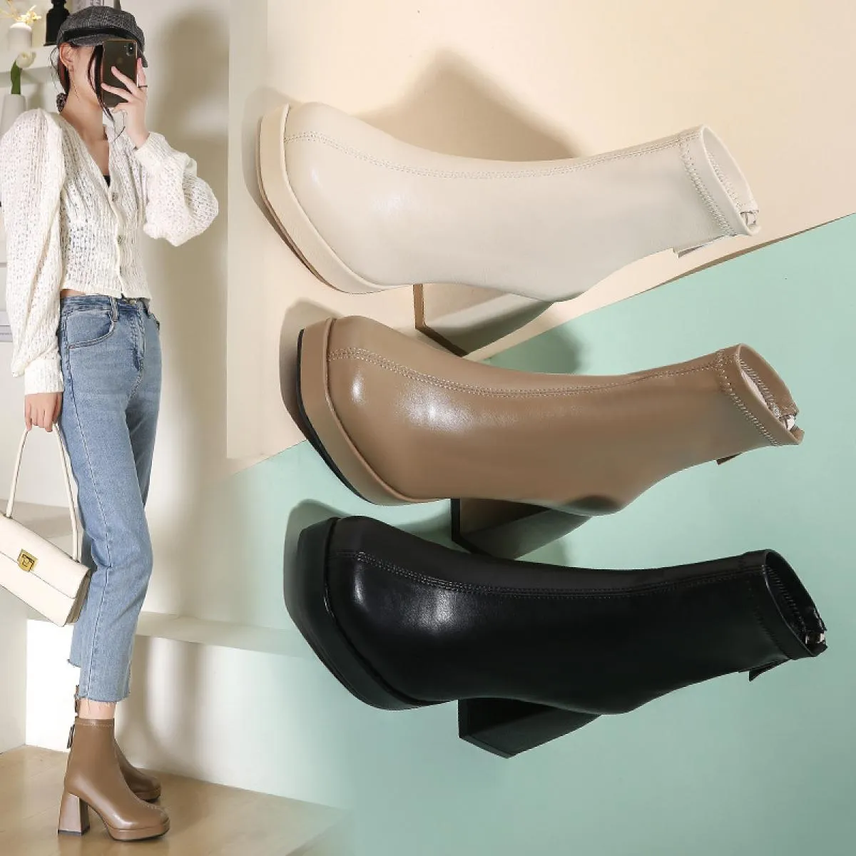 2023 Stivaletti da donna neri Stivali da donna in pelle Pu da donna a tubo corto Stivali con cerniera da donna Scarpe moda da do