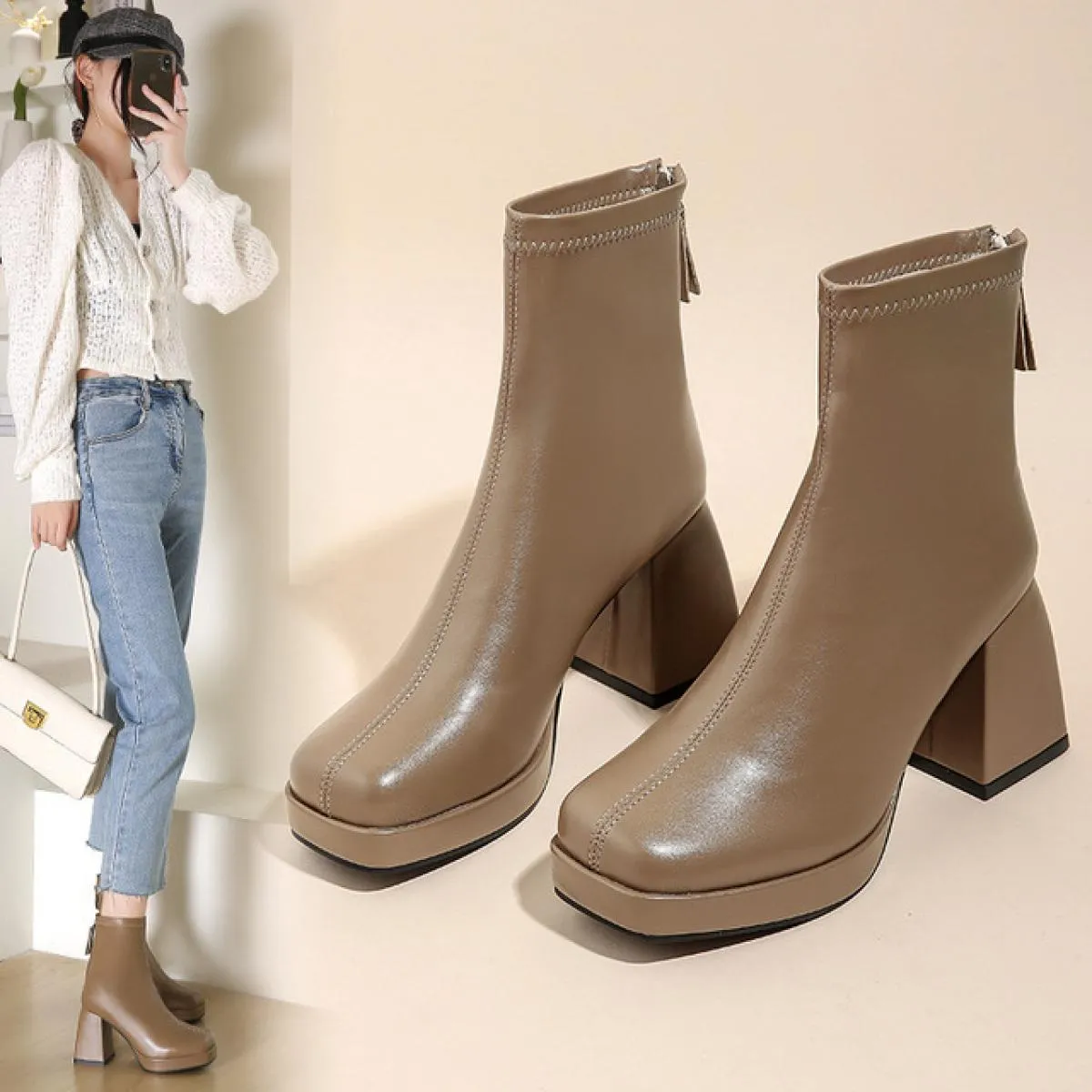 2023 Stivaletti da donna neri Stivali da donna in pelle Pu da donna a tubo corto Stivali con cerniera da donna Scarpe moda da do