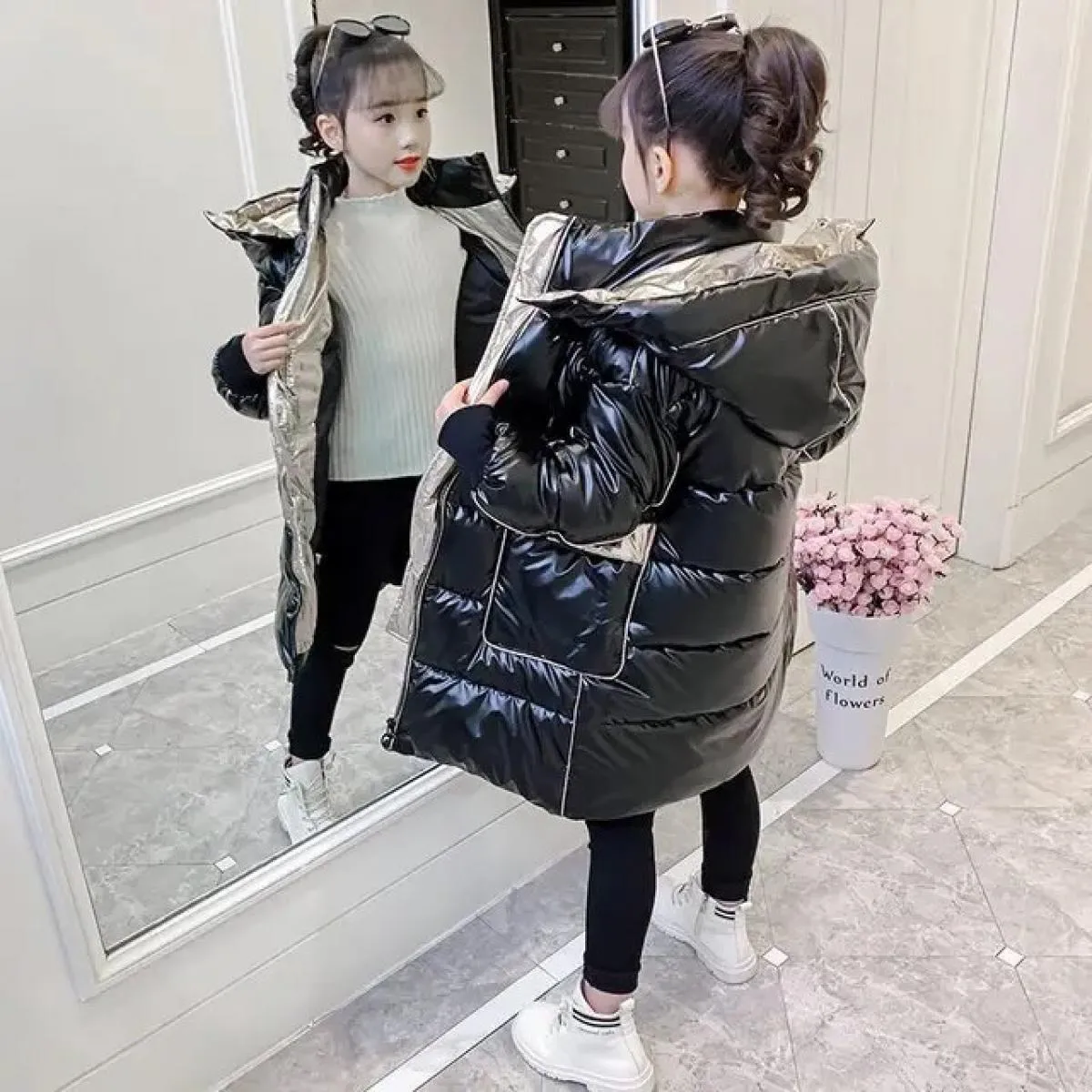Abbigliamento per ragazze da 30 gradi Cappotto invernale caldo in piumino di cotone Cappotto con cappuccio impermeabile per bamb