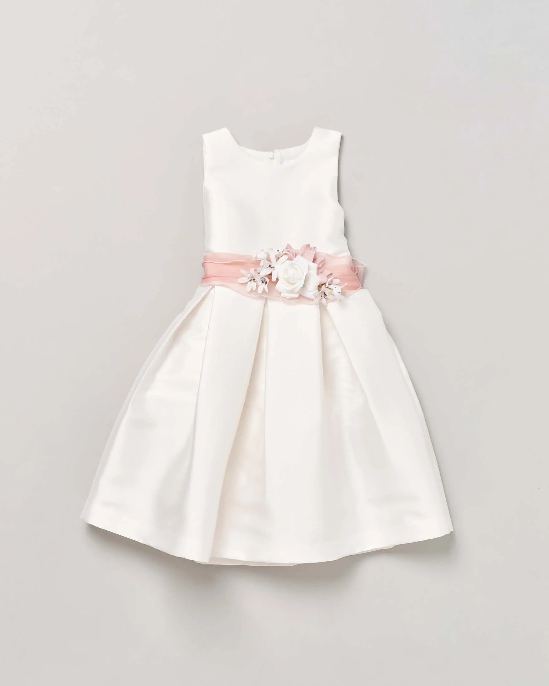 Abito bianco effetto lucido smanicato con gonna ampia e fascia floreale rosa antico 6 anni