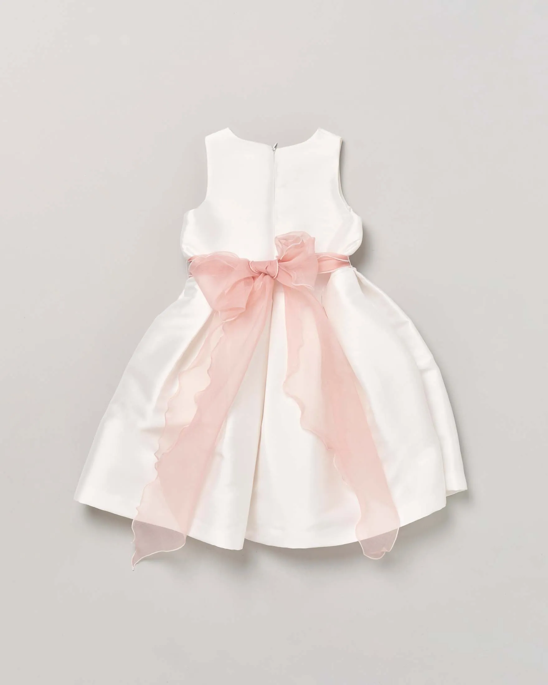 Abito bianco effetto lucido smanicato con gonna ampia e fascia floreale rosa antico 6 anni