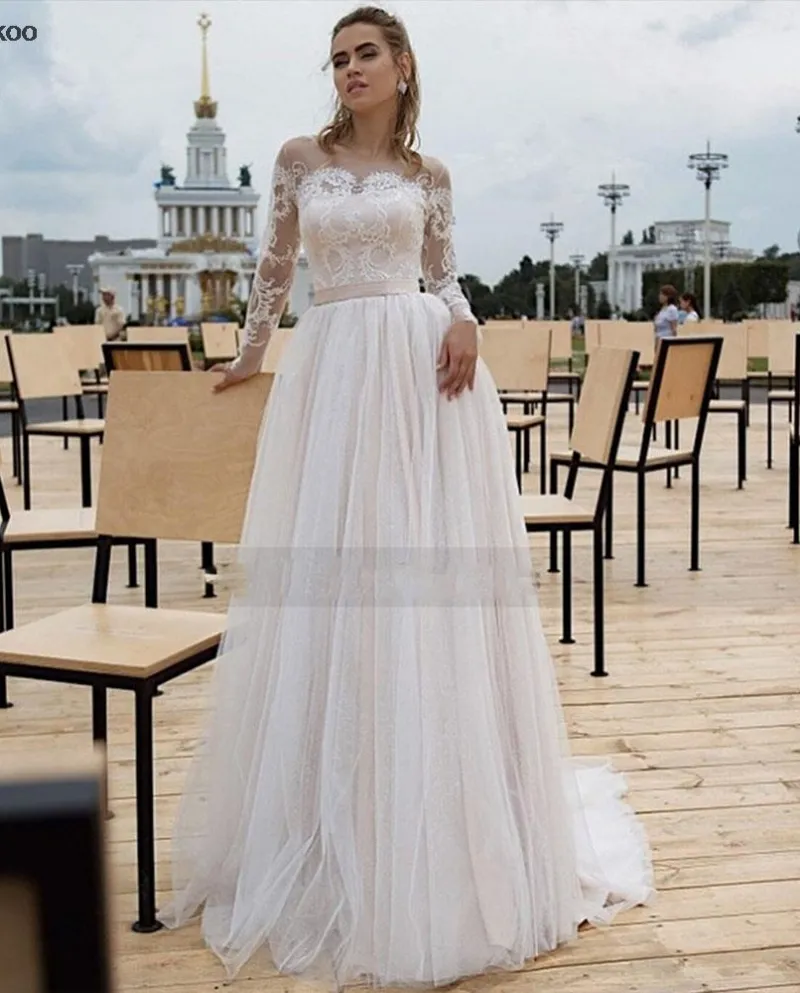 Abito da sposa a maniche lunghe in tulle 2022 Abiti da sposa in pizzo Boho Principessa