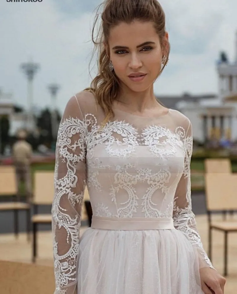 Abito da sposa a maniche lunghe in tulle 2022 Abiti da sposa in pizzo Boho Principessa