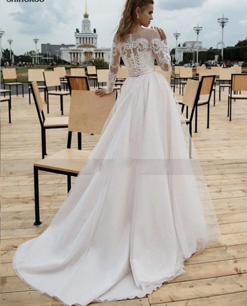 Abito da sposa a maniche lunghe in tulle 2022 Abiti da sposa in pizzo Boho Principessa