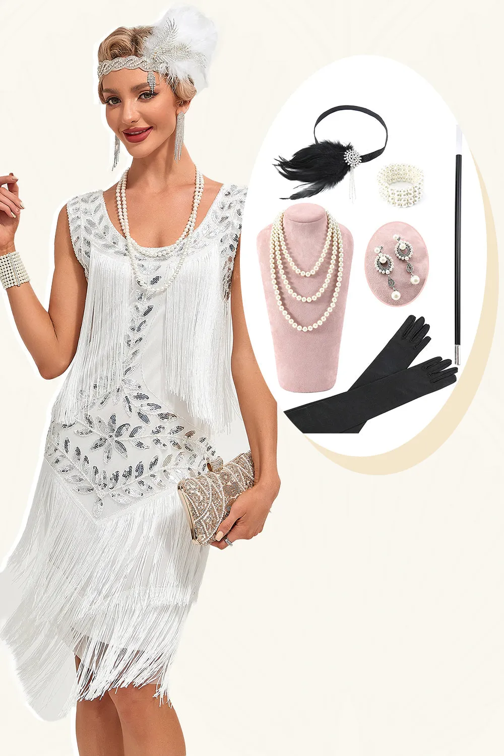 Abito flapper con frange di paillettes bianche con set di accessori