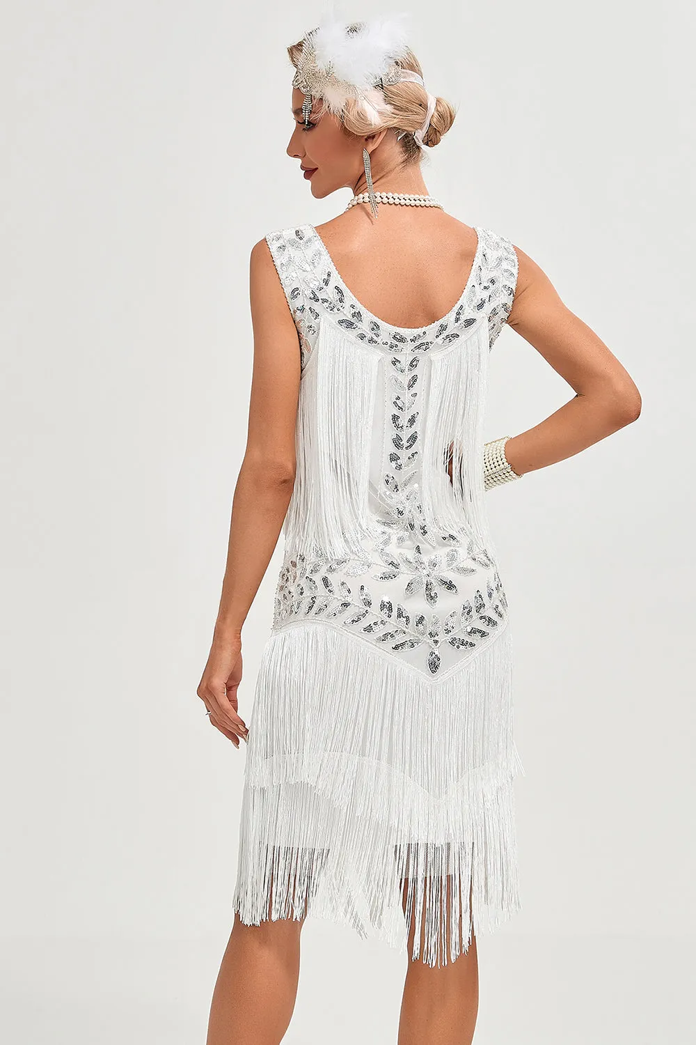 Abito flapper con frange di paillettes bianche con set di accessori
