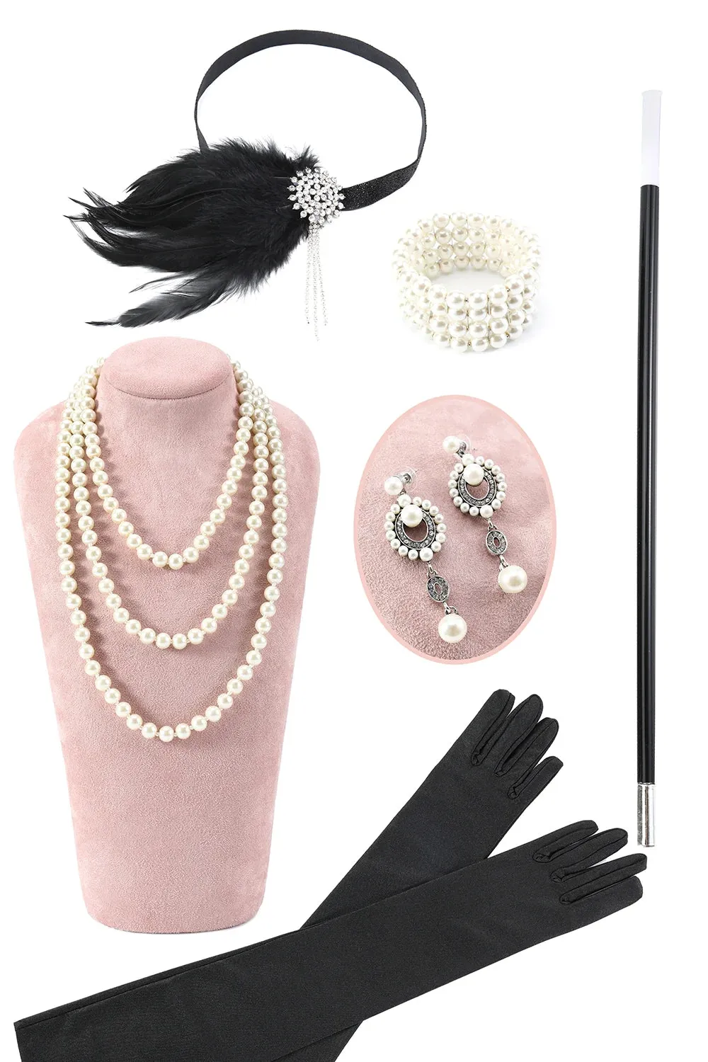 Abito flapper con frange di paillettes bianche con set di accessori