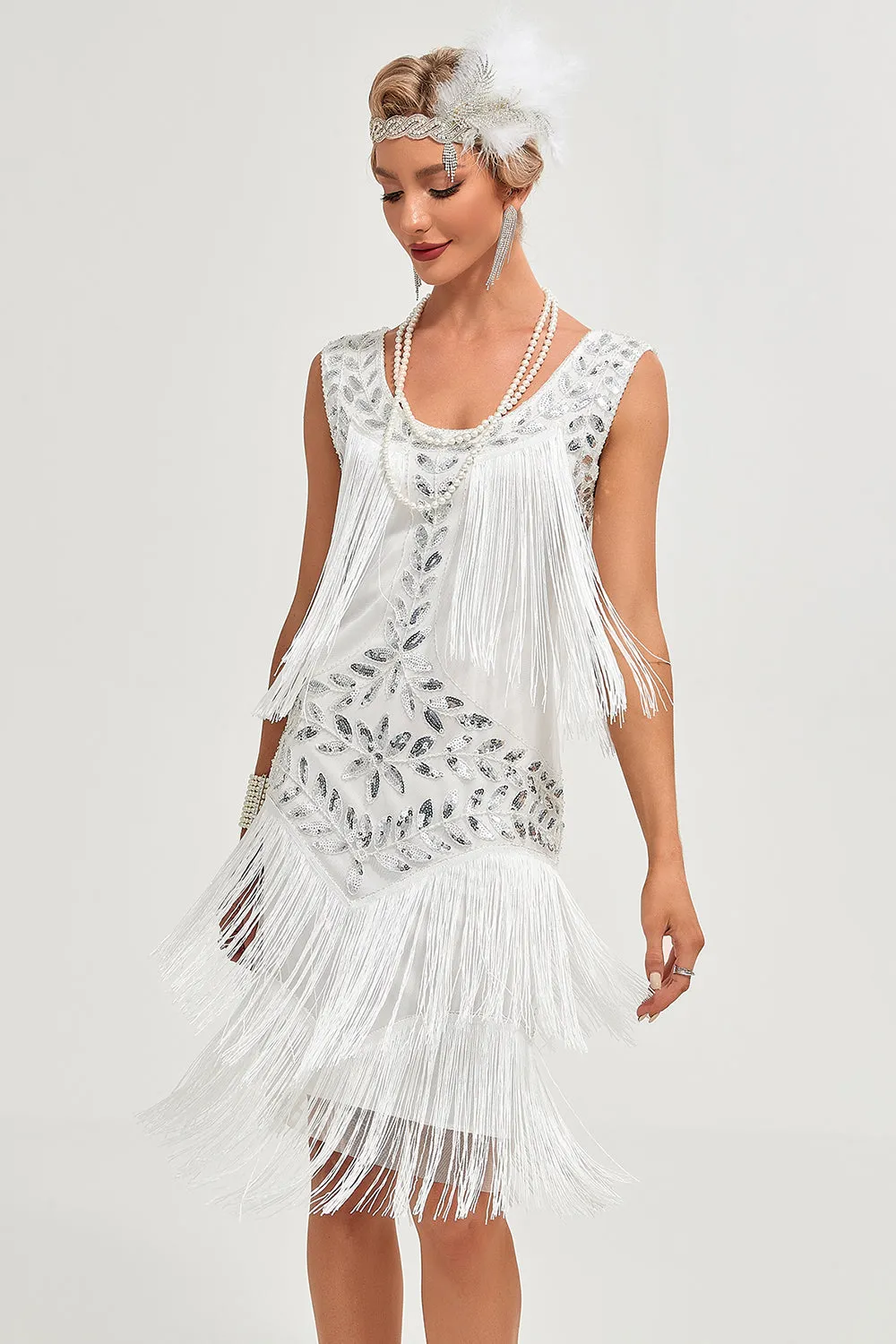 Abito flapper con frange di paillettes bianche con set di accessori