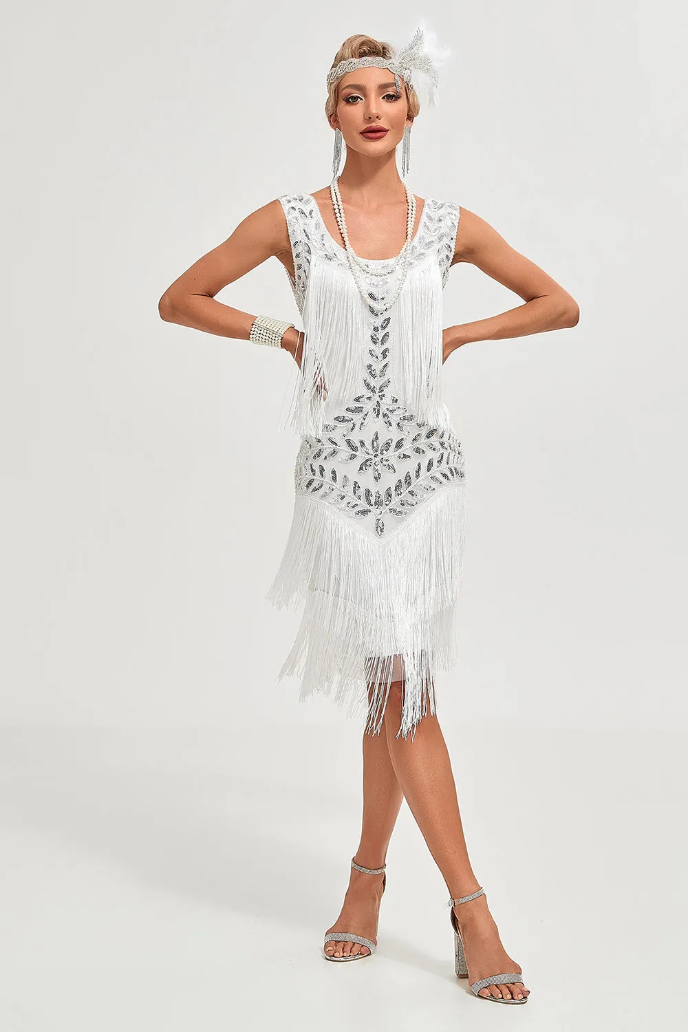 Abito flapper con frange di paillettes bianche con set di accessori