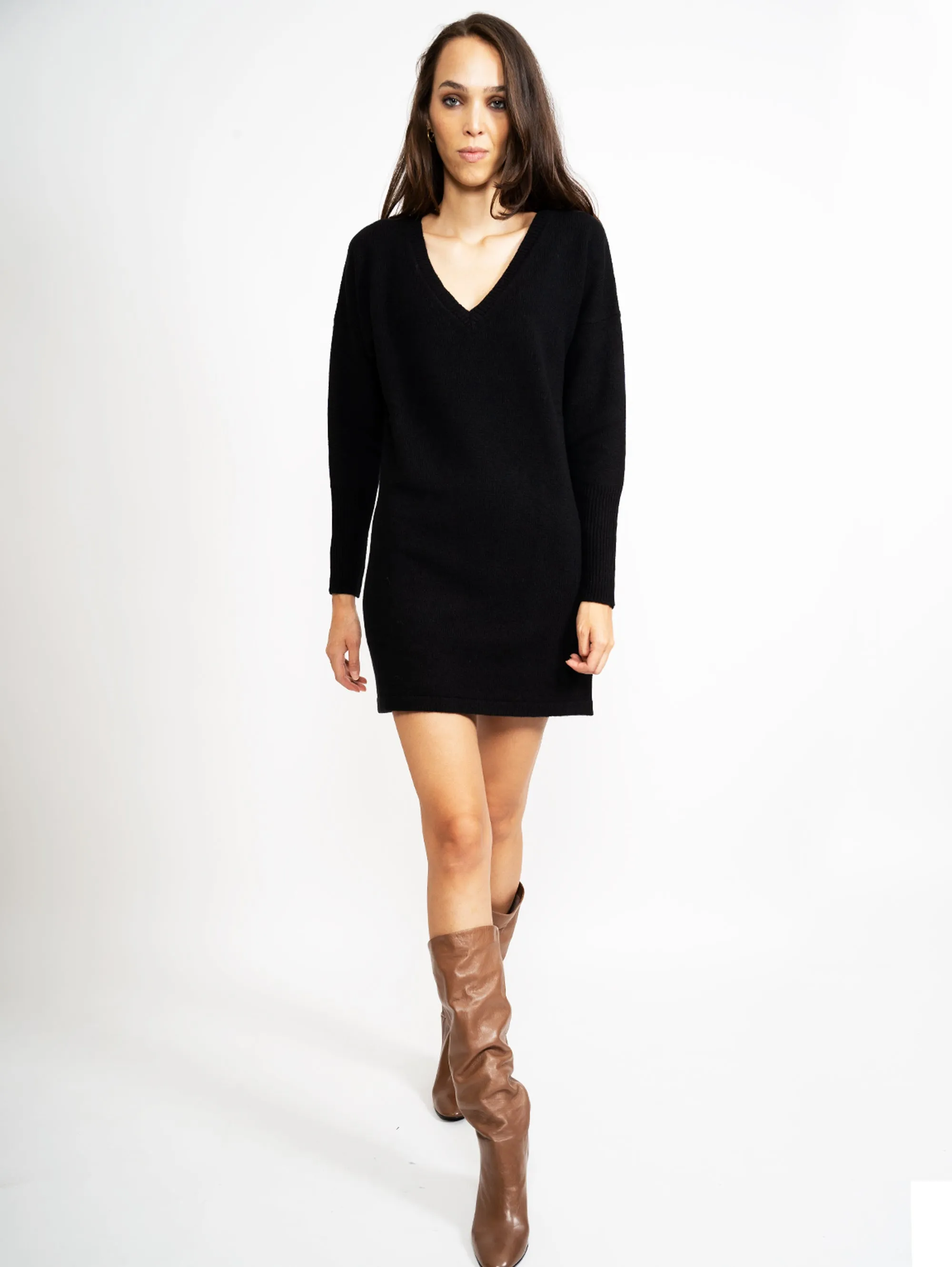 Abito in Maglia con Scollo a V Nero