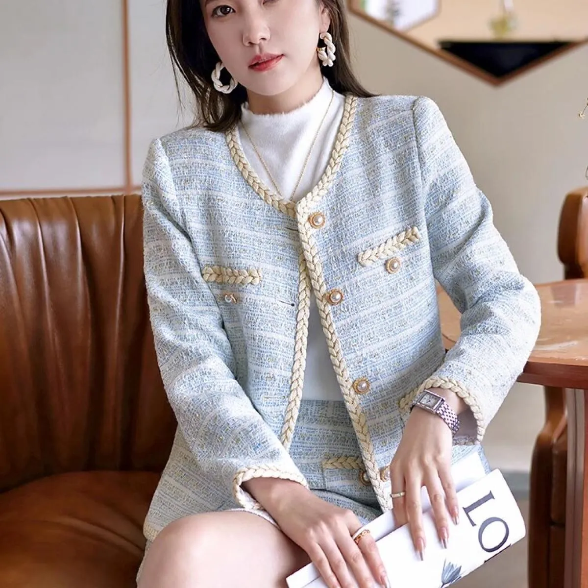 Autunno Inverno Nero Blu Plaid Donna Blazer Giacca da donna Donna Manica lunga monopetto O Collo Cappotto casual