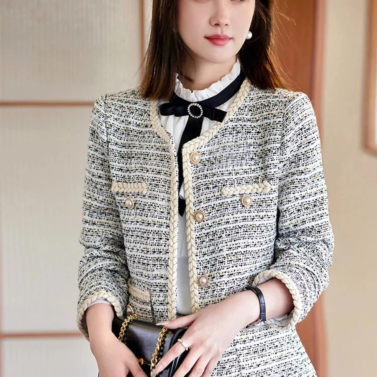 Autunno Inverno Nero Blu Plaid Donna Blazer Giacca da donna Donna Manica lunga monopetto O Collo Cappotto casual