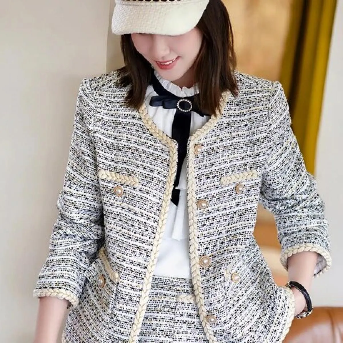 Autunno Inverno Nero Blu Plaid Donna Blazer Giacca da donna Donna Manica lunga monopetto O Collo Cappotto casual