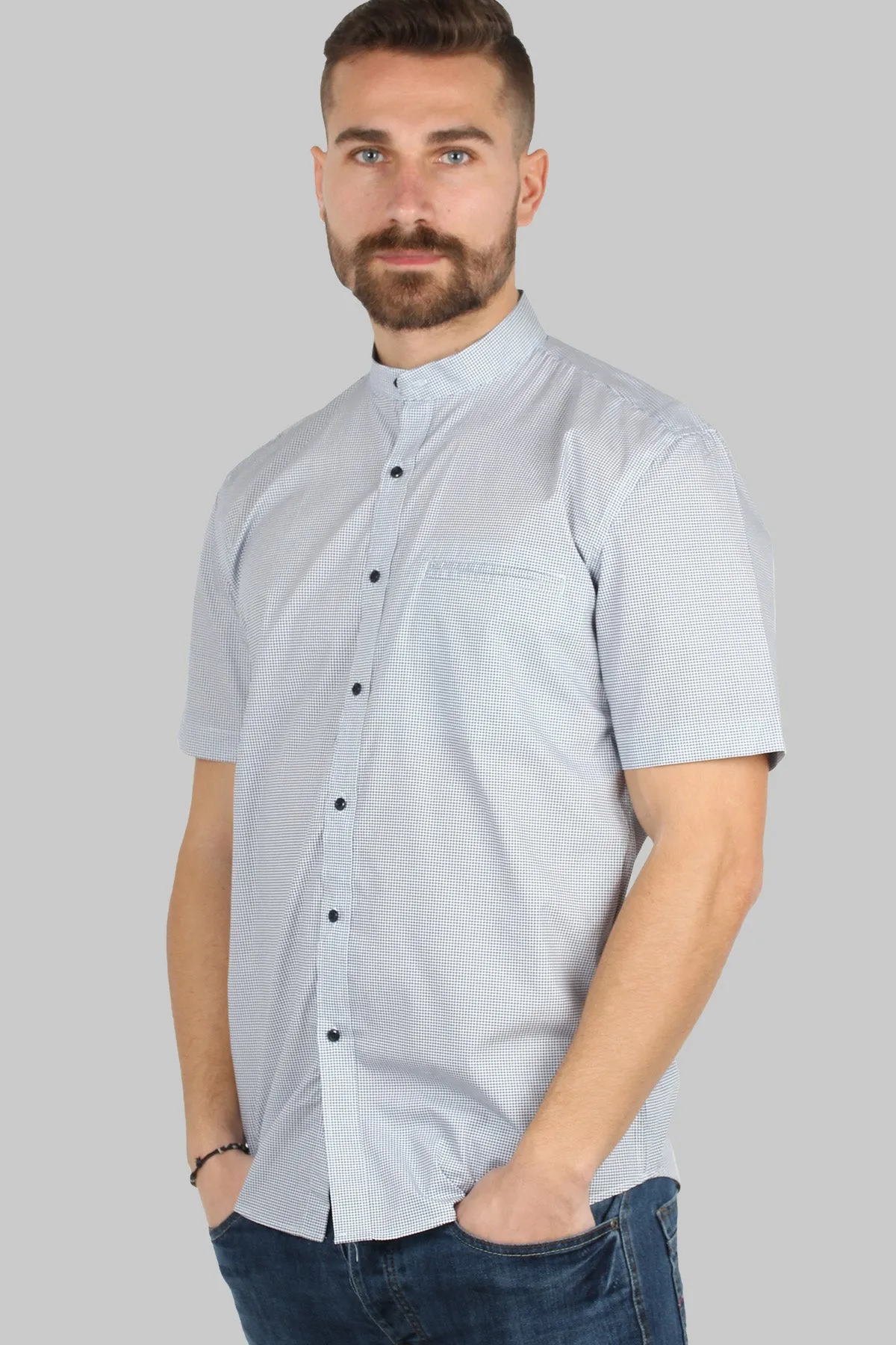 Camicia coreana uomo mezza manica con pied de poule