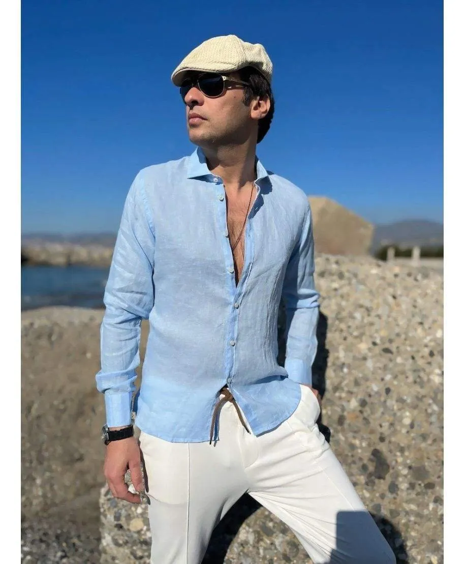 Camicia di lino, celeste  - Maniche lunghe - Key Jey
