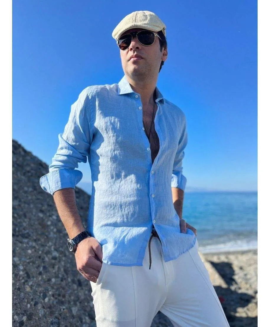 Camicia di lino, celeste  - Maniche lunghe - Key Jey