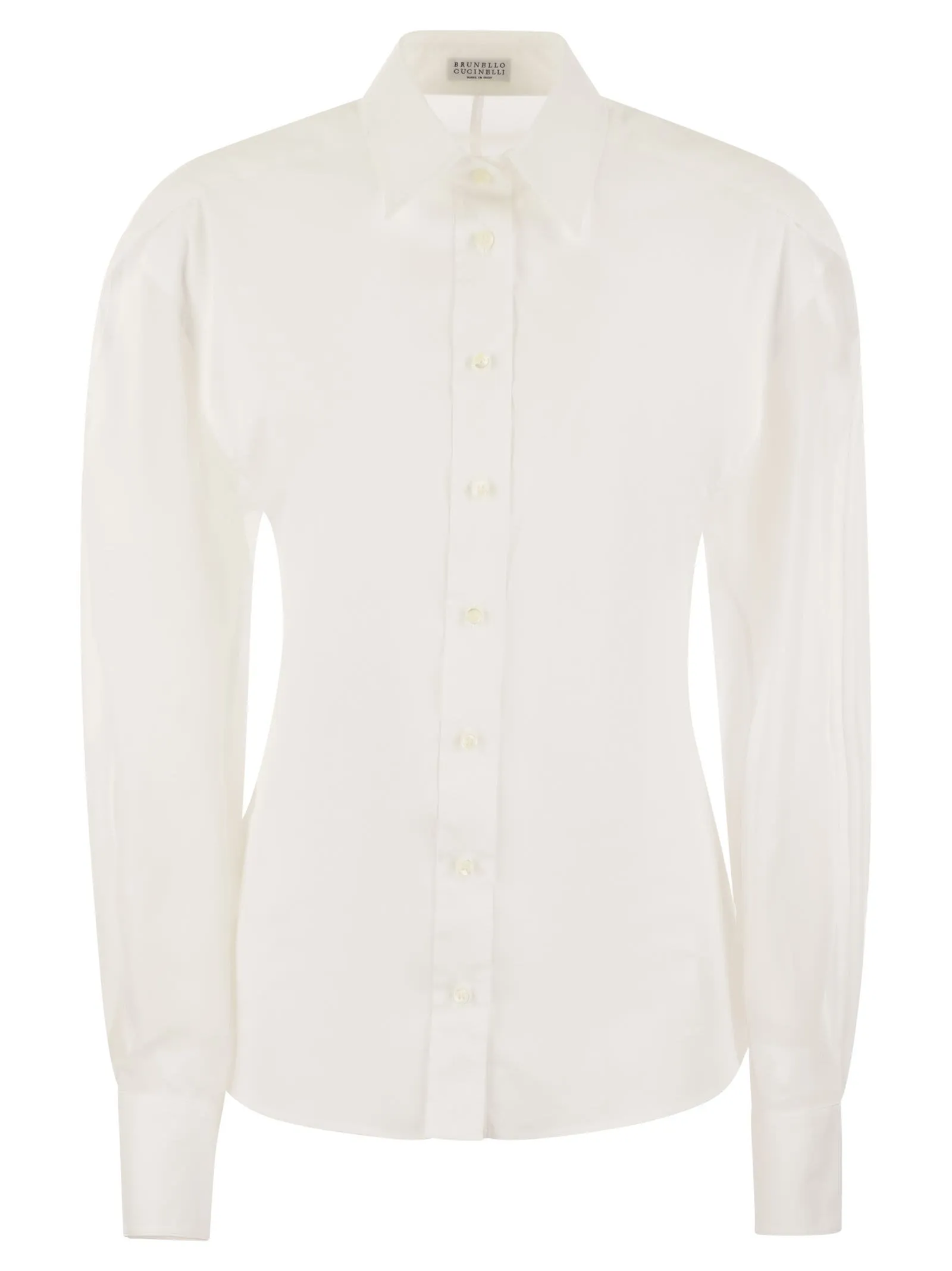 Camicia in popeline di cotone stretch con maniche in organza di cotone e monile
