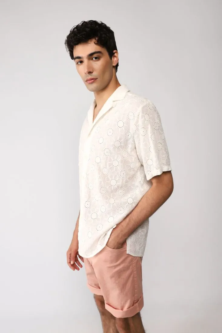 Camicia in puro cotone con lavorazione traforata fantasia floreale