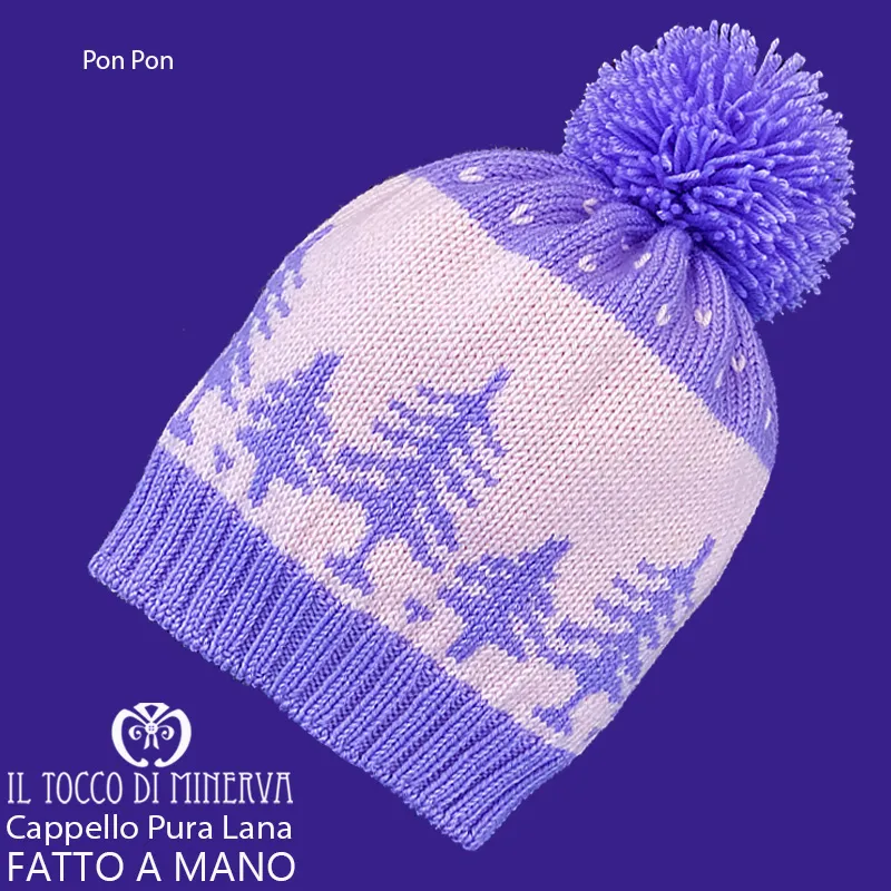 Cappello pura lana Pon Pon alberi glicine rosa - Fatto a Mano