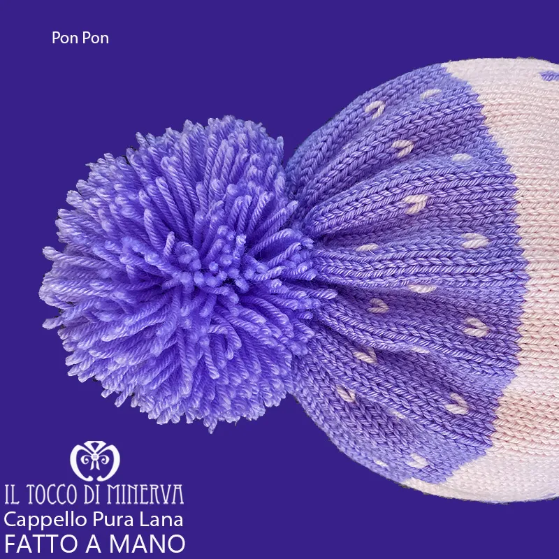 Cappello pura lana Pon Pon alberi glicine rosa - Fatto a Mano