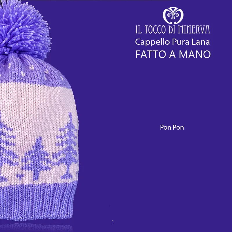 Cappello pura lana Pon Pon alberi glicine rosa - Fatto a Mano
