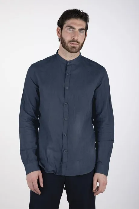 Censured men's linen shirt with mandarin collar SM3693T LISM20 navy blue