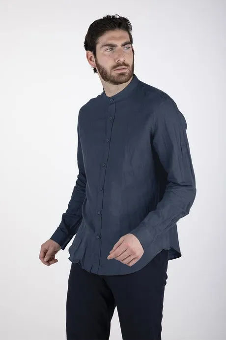 Censured men's linen shirt with mandarin collar SM3693T LISM20 navy blue