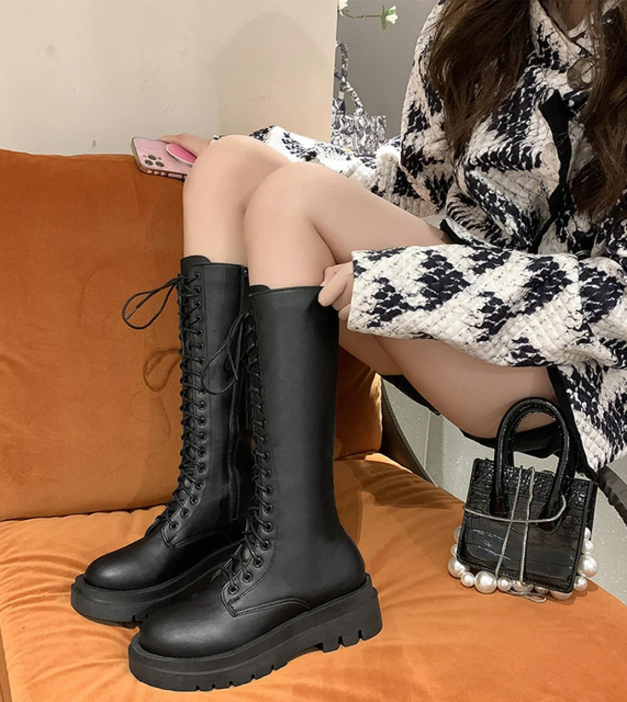 Chunky Platform Pu Leather Stivali alti al ginocchio Donna Punk Cresing Long Female Lace Up Booties Mujer 2022 Zip Chelsea Wome