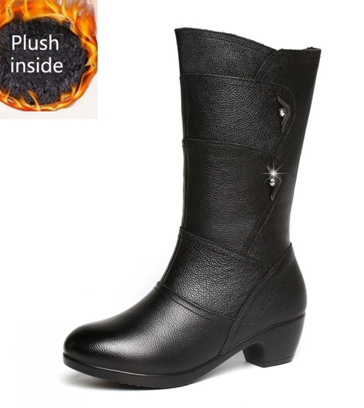 Comemore Womens Low Heeled Mid Calf High Boots Big Size 42 Female Zipper Plush Warm Chelsea Heel Boots Pipe Autumn Wint