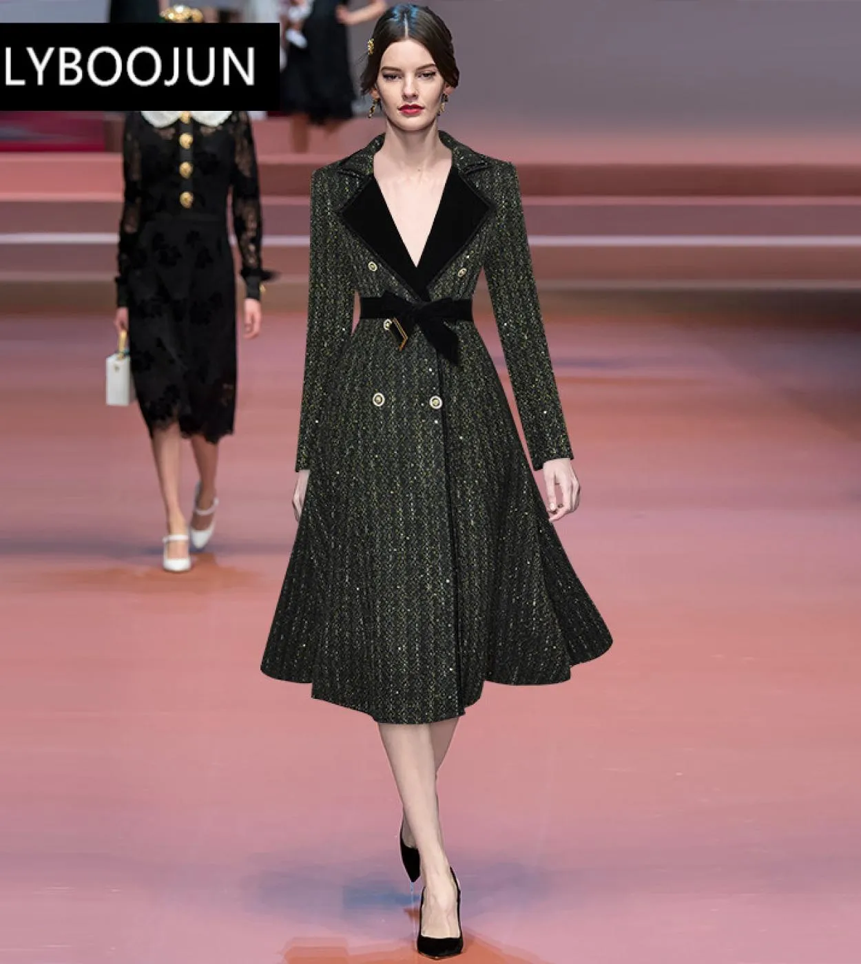 Designer Fashion Winter Woman Soprabito di lana nero con cintura Colletto con risvolto Fusciacche doppio petto Scintillante Casu
