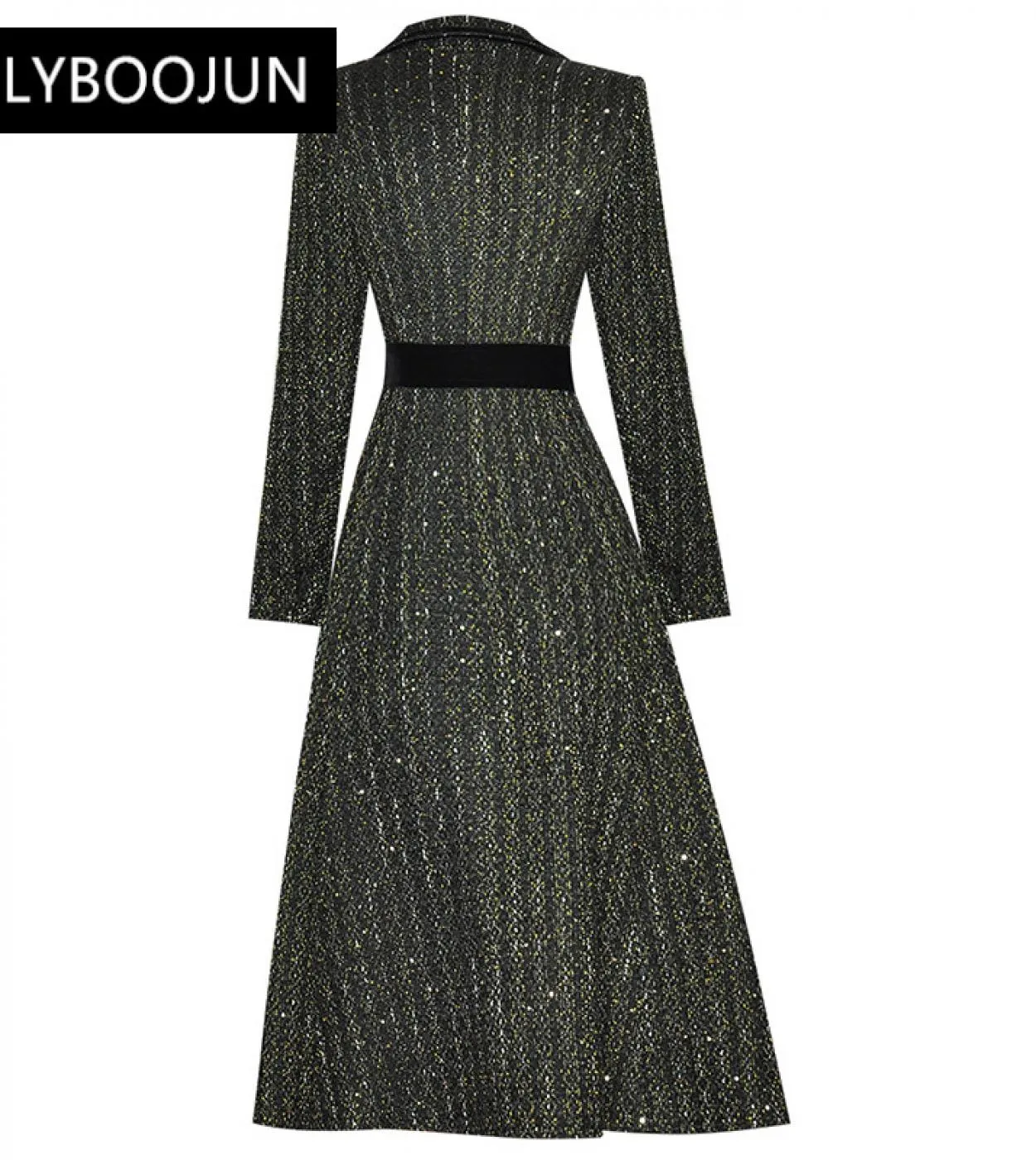 Designer Fashion Winter Woman Soprabito di lana nero con cintura Colletto con risvolto Fusciacche doppio petto Scintillante Casu