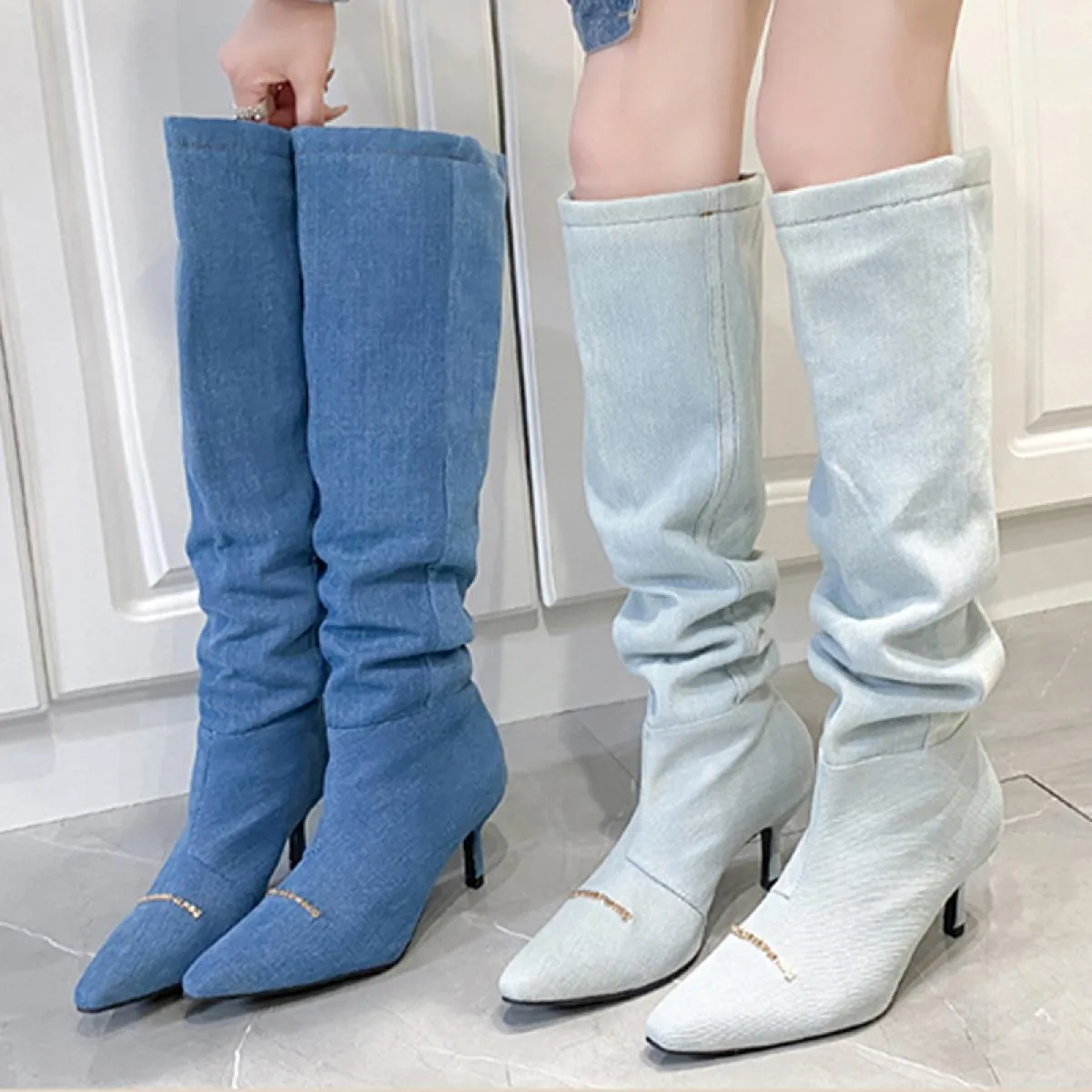 Donne Alti Al Ginocchio Tacchi A Spillo Stivali Chelsea Tacco Medio Scarpe Da Cowboy Inverno Nuovo 2023 Décolleté A Punta Delle