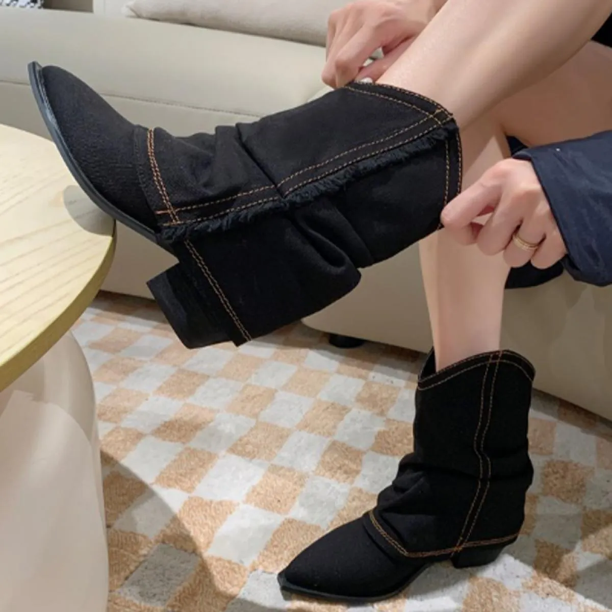 Donne Cowboy Chunky Chelsea Stivali Alti Al Ginocchio Piattaforma Goth Stivali Da Donna Autunno Nuovo 2023 Punta A Punta Pompe D