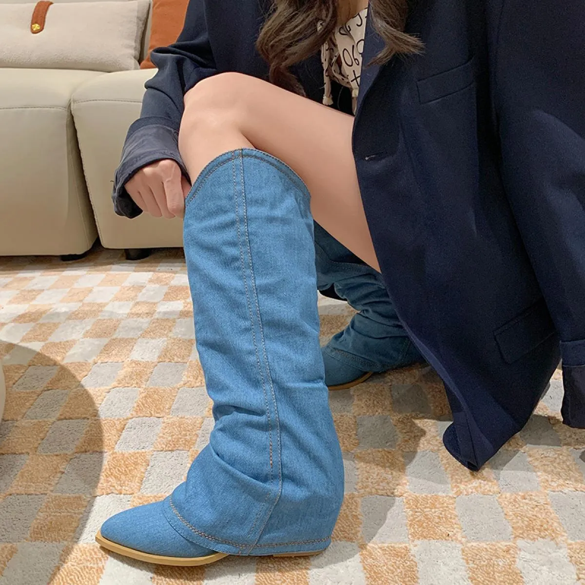 Donne Cowboy Chunky Chelsea Stivali Alti Al Ginocchio Piattaforma Goth Stivali Da Donna Autunno Nuovo 2023 Punta A Punta Pompe D