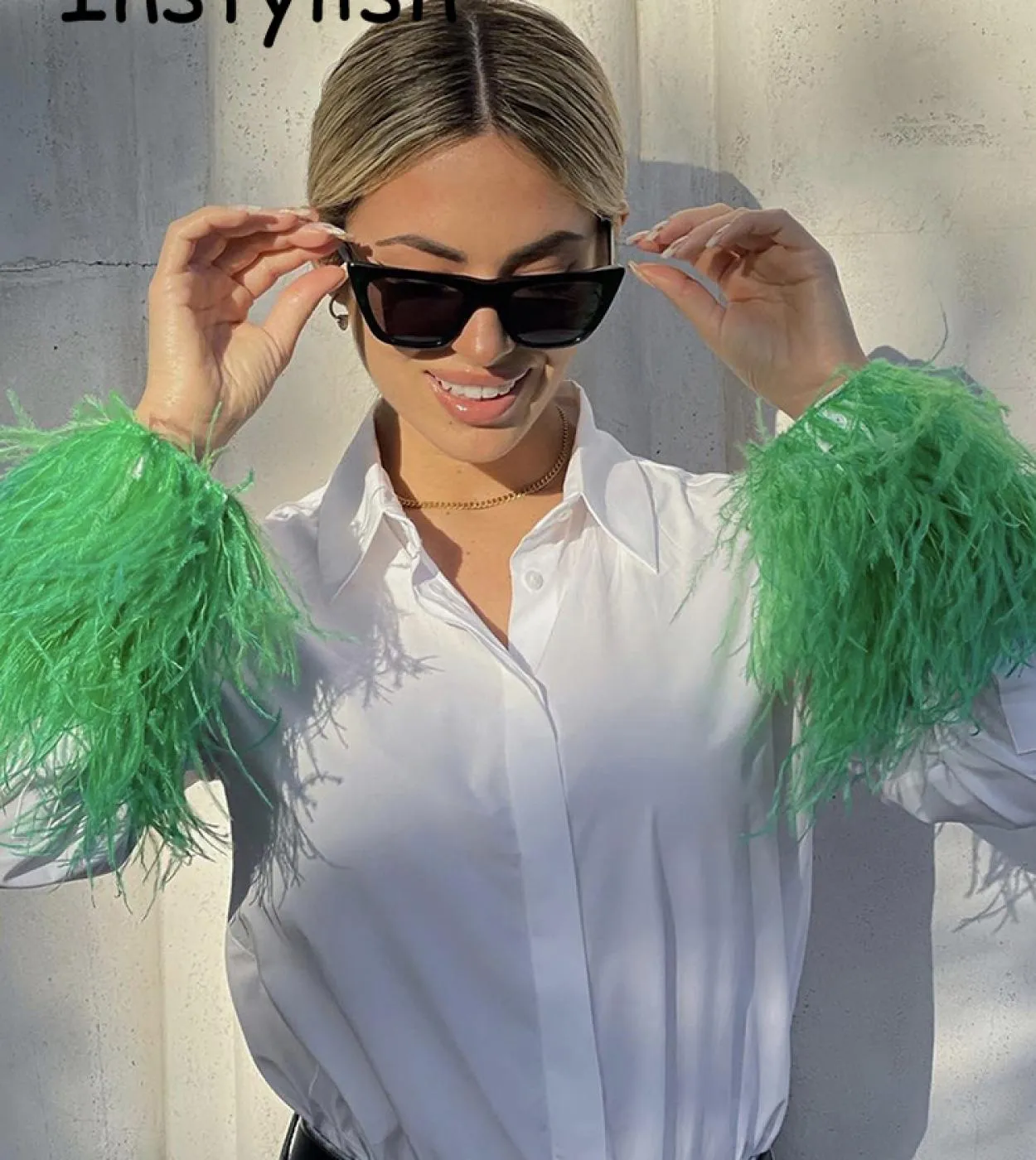 Elegant Feathers Long Sleeve Shirt Casual Turn Down Collar Buttons Blouse Women Solid Chic Tops Streetwear Tunics Clothi