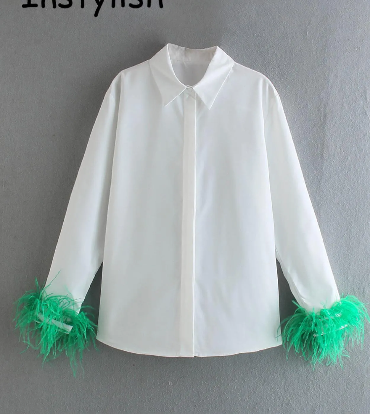 Elegant Feathers Long Sleeve Shirt Casual Turn Down Collar Buttons Blouse Women Solid Chic Tops Streetwear Tunics Clothi