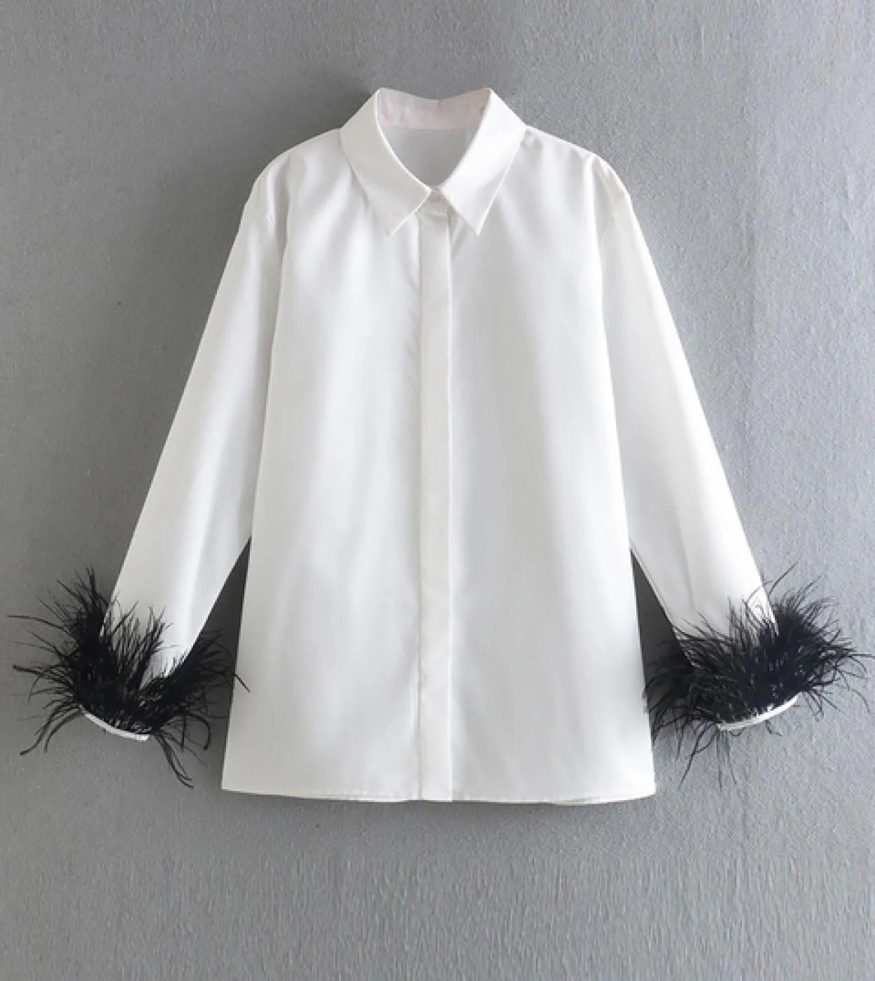 Elegant Feathers Long Sleeve Shirt Casual Turn Down Collar Buttons Blouse Women Solid Chic Tops Streetwear Tunics Clothi