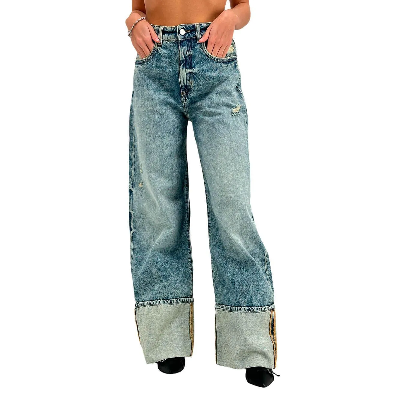 Icon Denim Kiki Pantaloni Donna, Jeans, Maxi Risvolto,Cotone, Blu