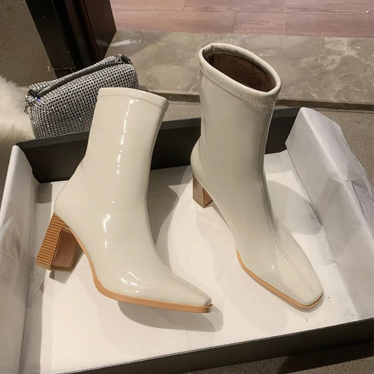 Inverno Caviglia Donna Tacchi alti Scarpe Chunky Chelsea Boots 2023 Nuove pompe di moda Stivali da moto Punta quadrata Casual Do