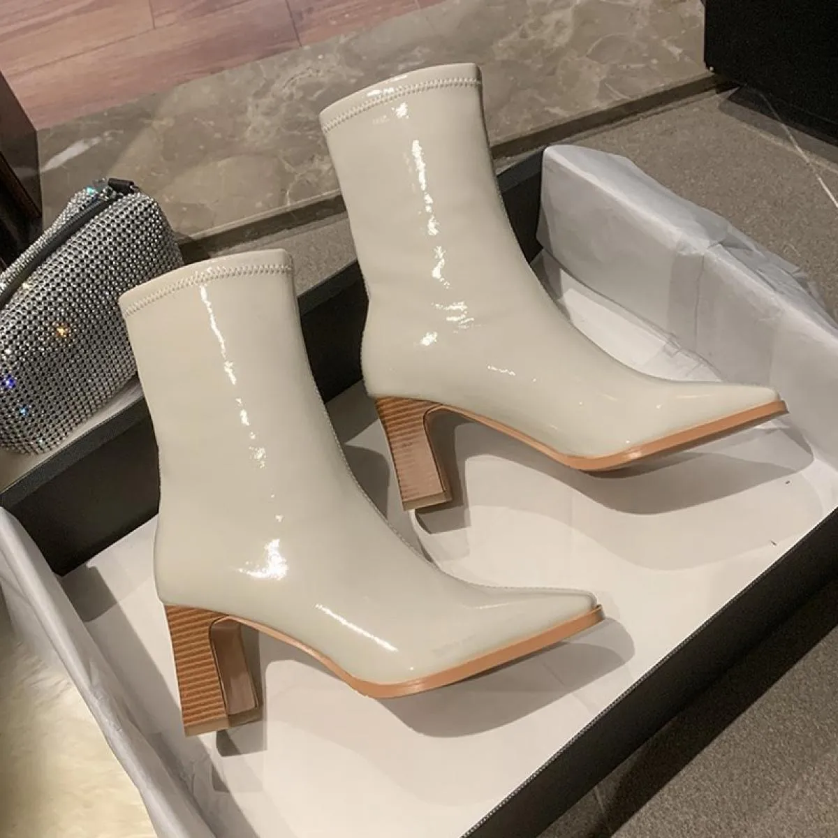 Inverno Caviglia Donna Tacchi alti Scarpe Chunky Chelsea Boots 2023 Nuove pompe di moda Stivali da moto Punta quadrata Casual Do